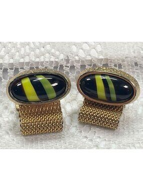Vintage HICKOK Gold Mesh Wrap Cufflinks Black Green Atomic Glass Cabochon MCM